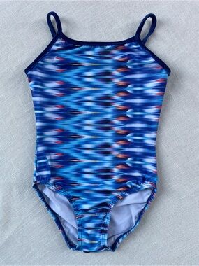Gymnastic Leotard Youth 10/12 Blue Multi-Color Pattern w/Velvet Straps